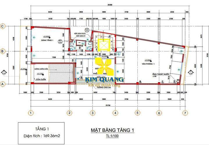 Bản vẽ layout tầng 1 của cho thuê tòa nhà văn phòng đường Nguyễn Hữu Cầu